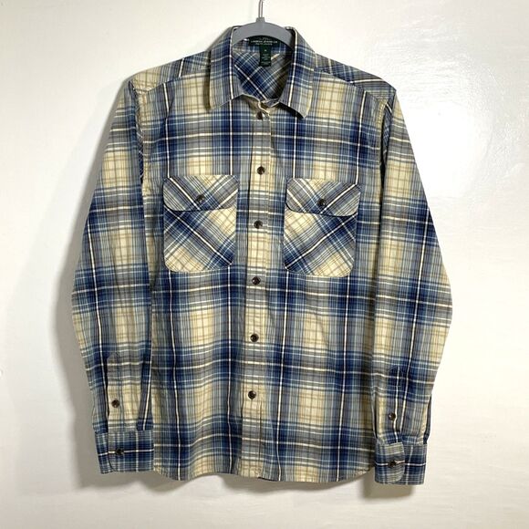 LRL Lauren Jeans Co Ralph Lauren Woman's Button Up Blue Cotton Plaid Shirt Sz M - Picture 1 of 11